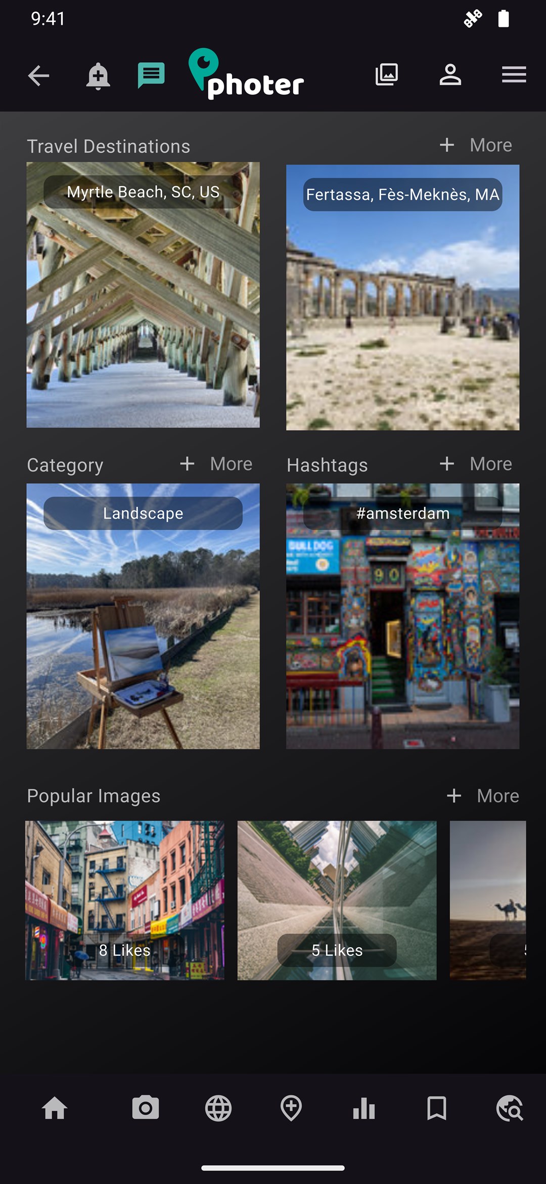 Photer explore screen with travel destinations, categories, hashtags and popular images