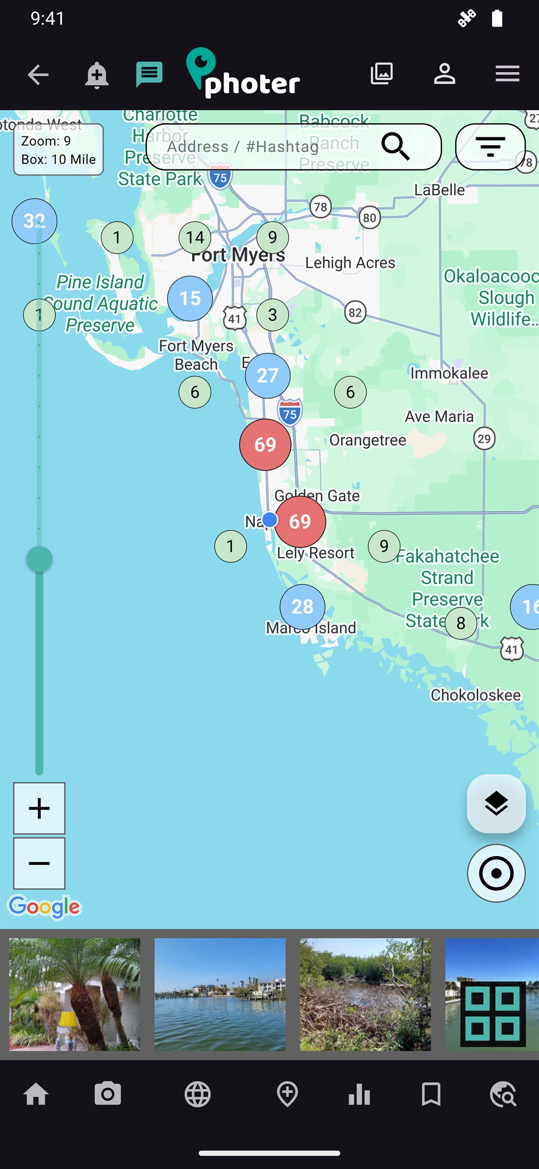 Photer map view showing geo-tagged photo clusters around Naples, Florida